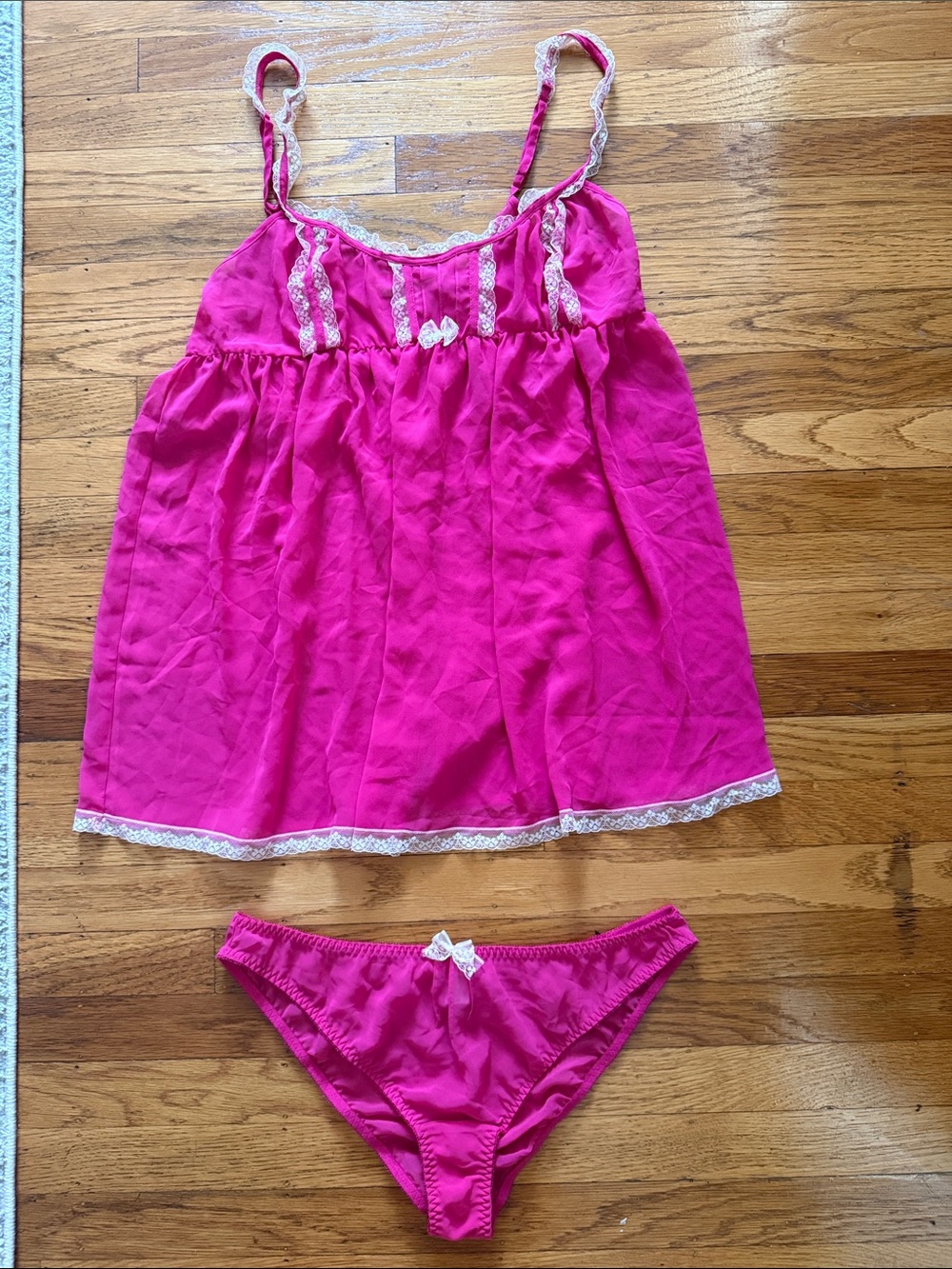 Victoria's Secret Hot Pink Lace-Trim Babydoll Chemise Set